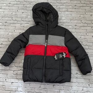 Boys Black and Red Hooded Puffer Jacket